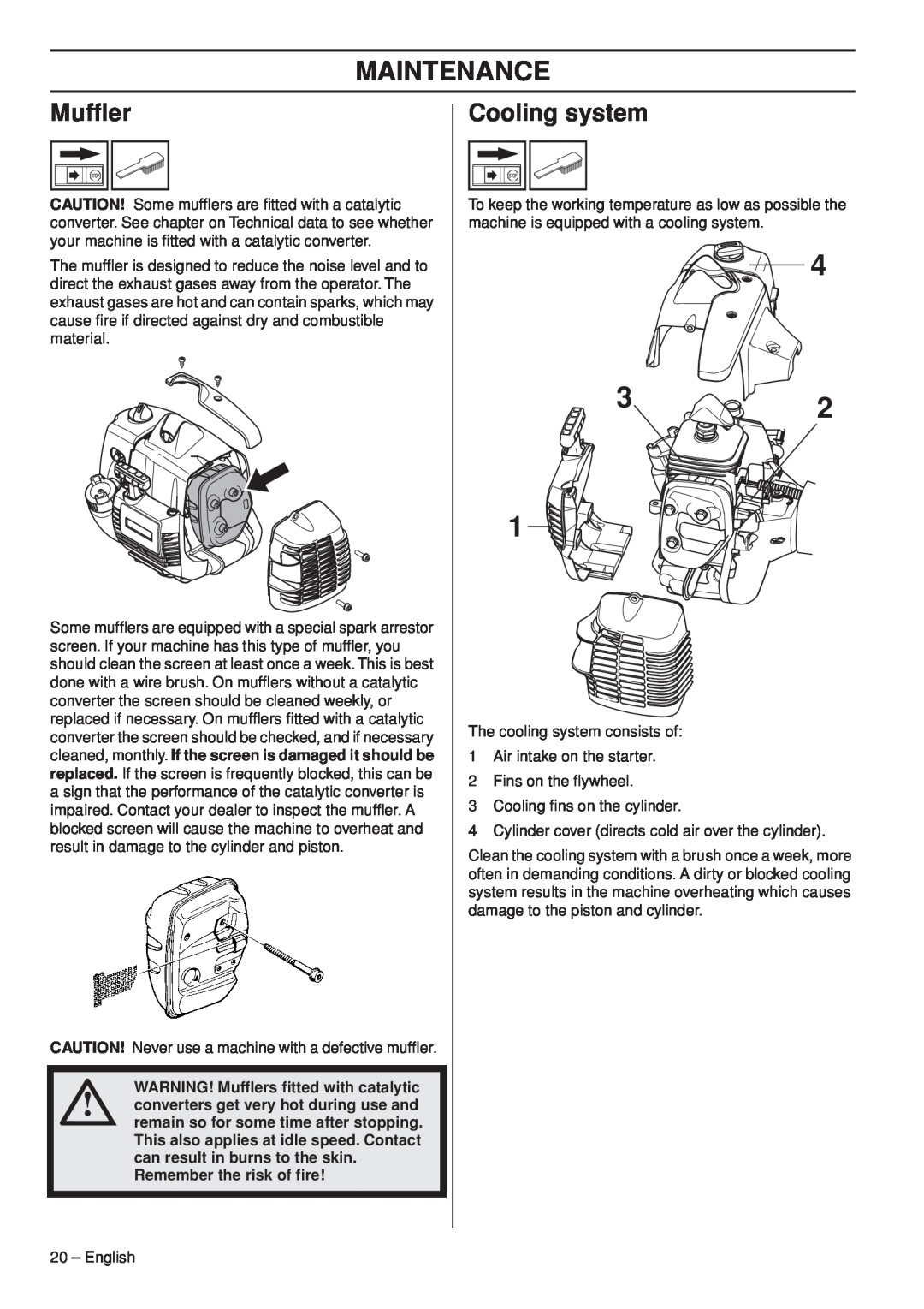 Husqvarna 327LDX manual Cooling system, Remember the risk of ﬁre, Maintenance, WARNING! Mufﬂers ﬁtted with catalytic 