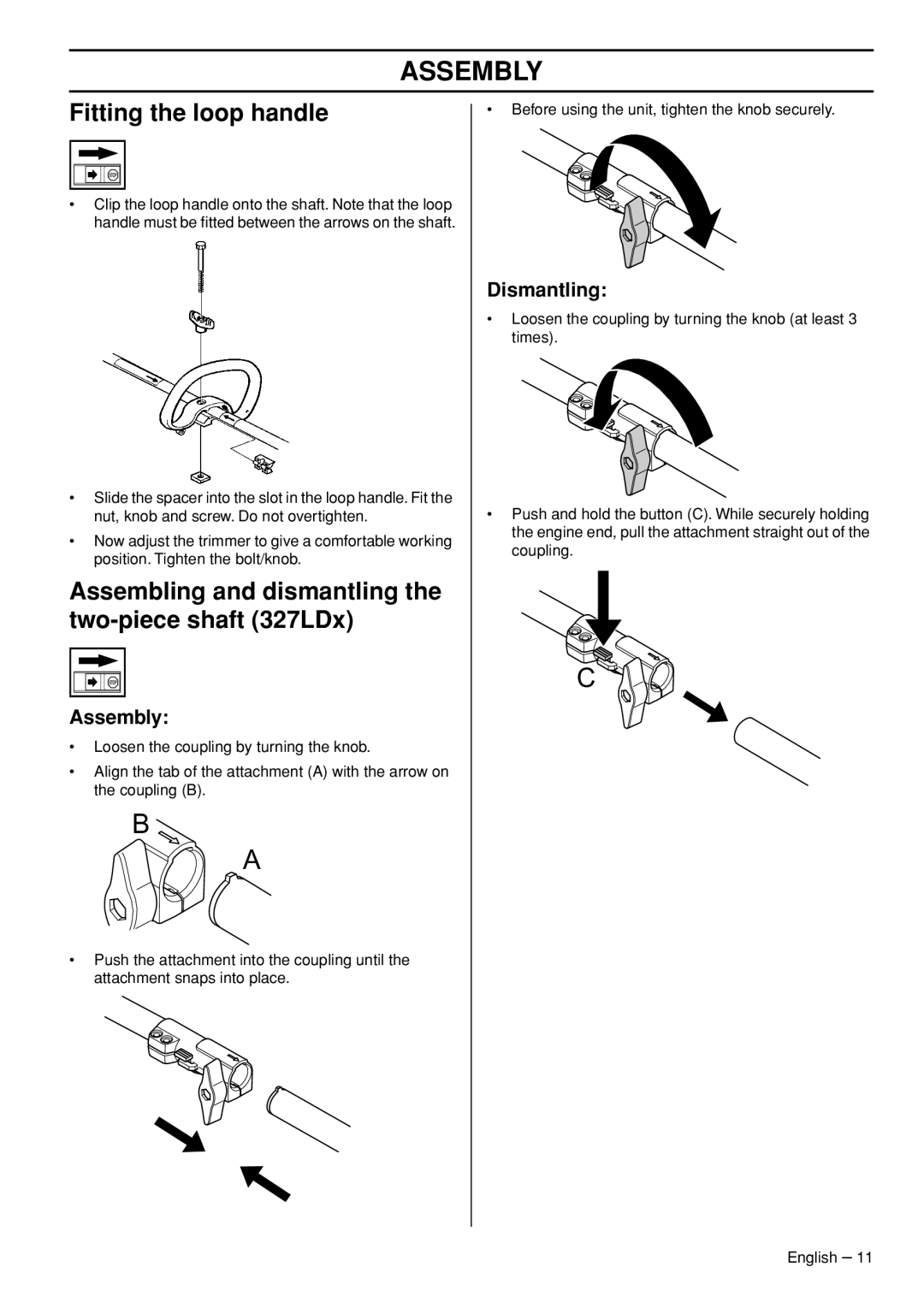 Husqvarna 327LS Assembly, Fitting the loop handle, Assembling and dismantling the two-piece shaft 327LDx, Dismantling 