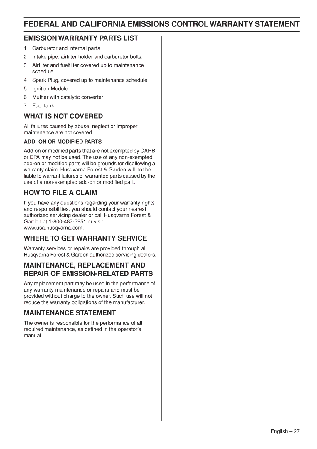 Husqvarna 327LD, 327LS manual Emission Warranty Parts List 