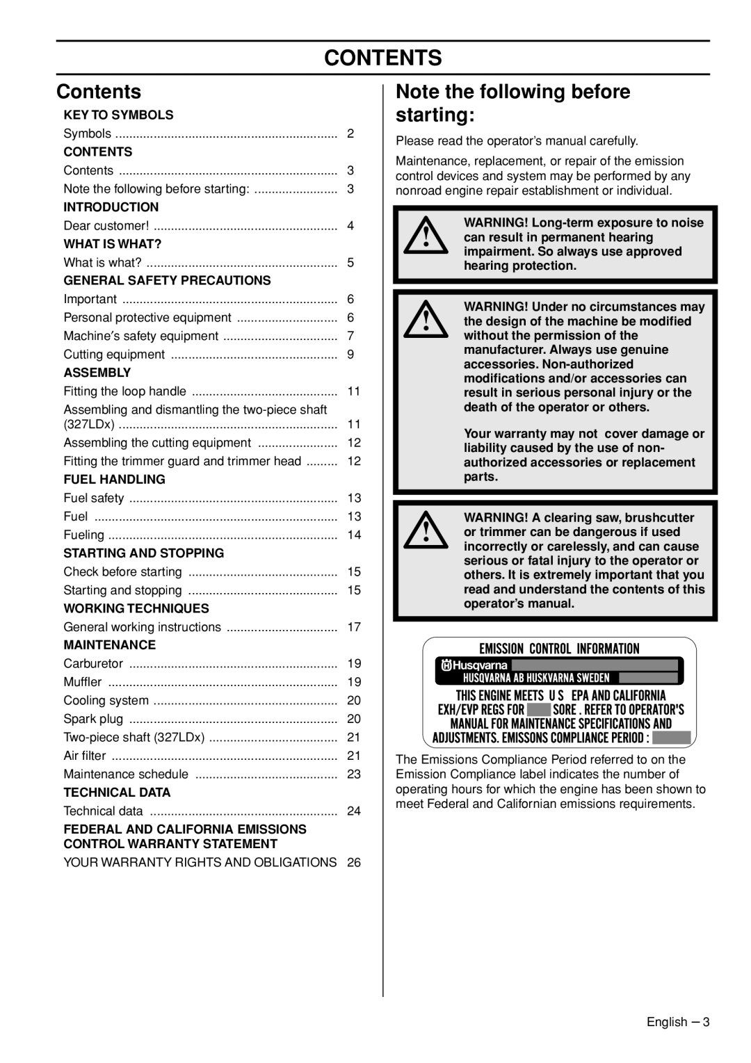 Husqvarna 327LD, 327LS manual Contents 