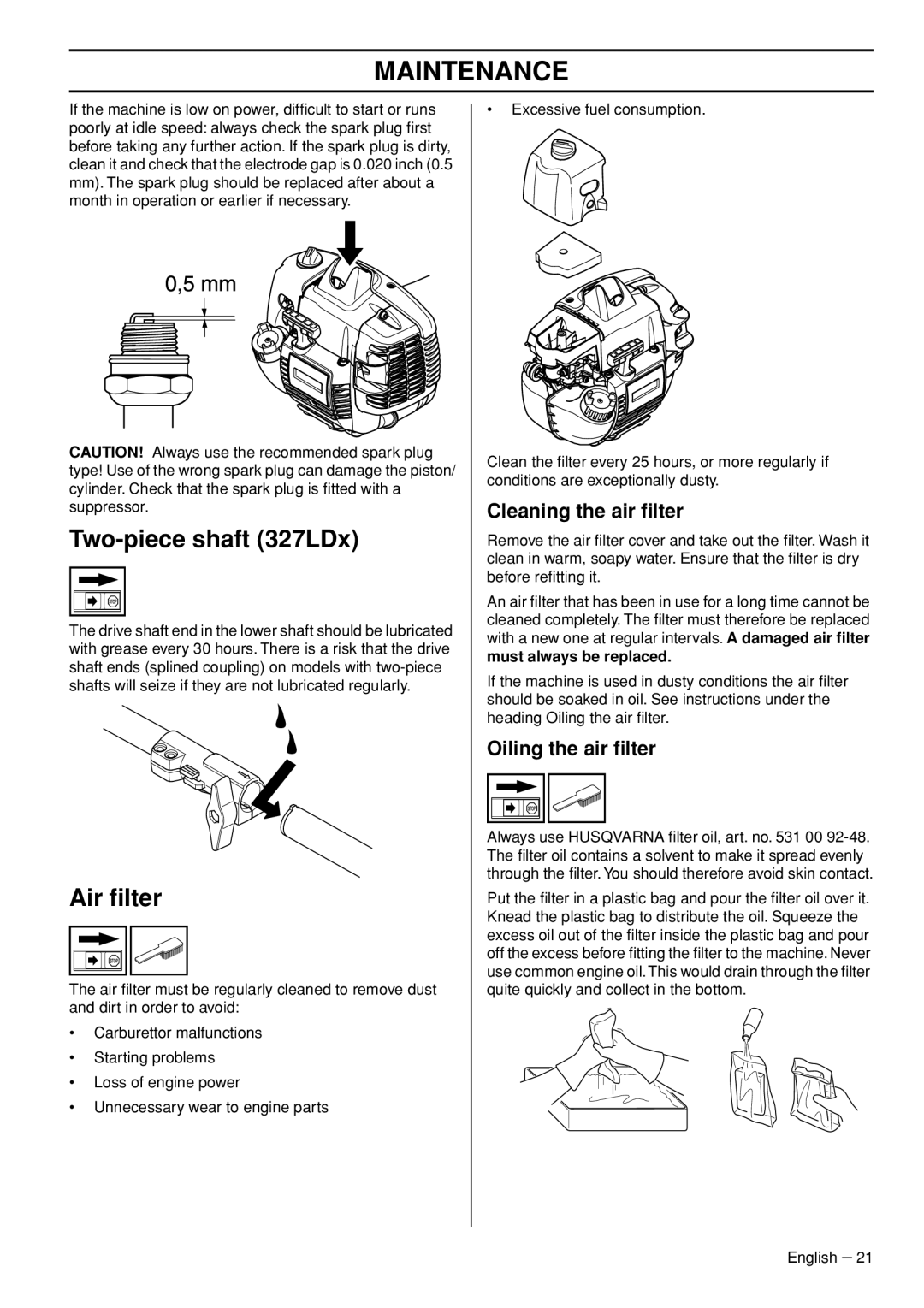 Husqvarna 327LS manual Two-pieceshaft 327LDx, Air ﬁlter, Cleaning the air ﬁlter, Oiling the air ﬁlter, Maintenance 
