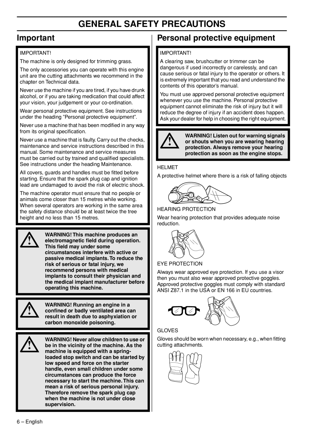 Husqvarna 327LS, 327LD manual General Safety Precautions, Personal protective equipment 