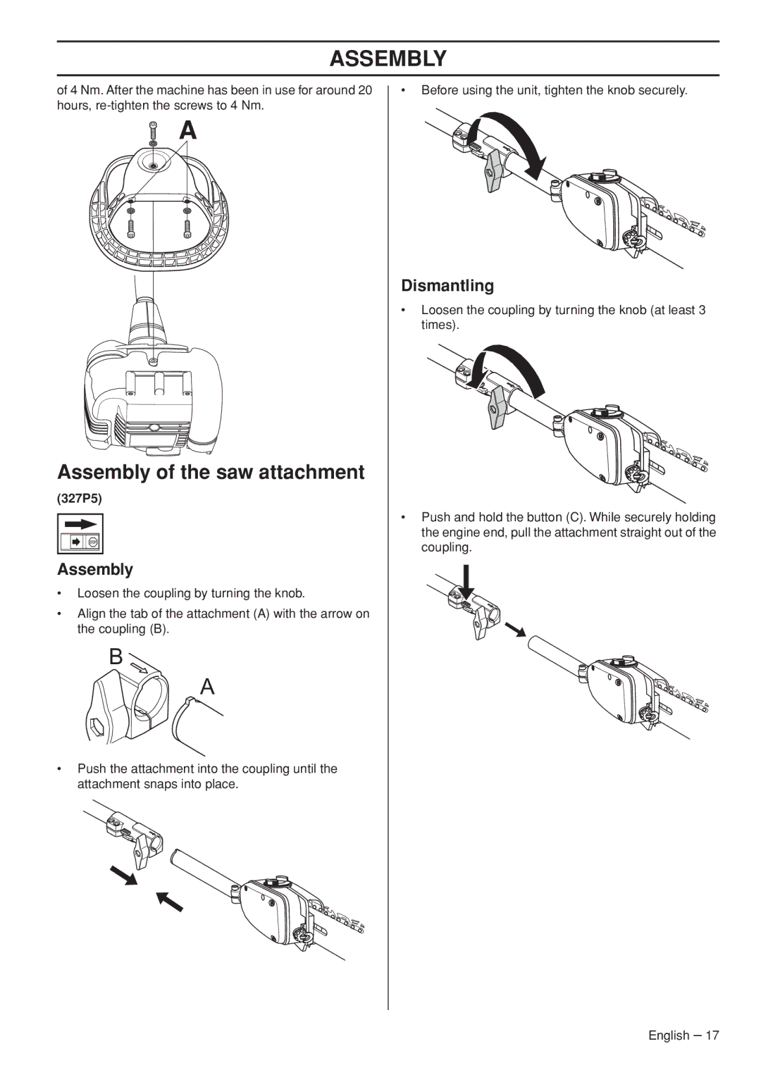 Husqvarna 327P4, 327P5X-series manual Assembly of the saw attachment 