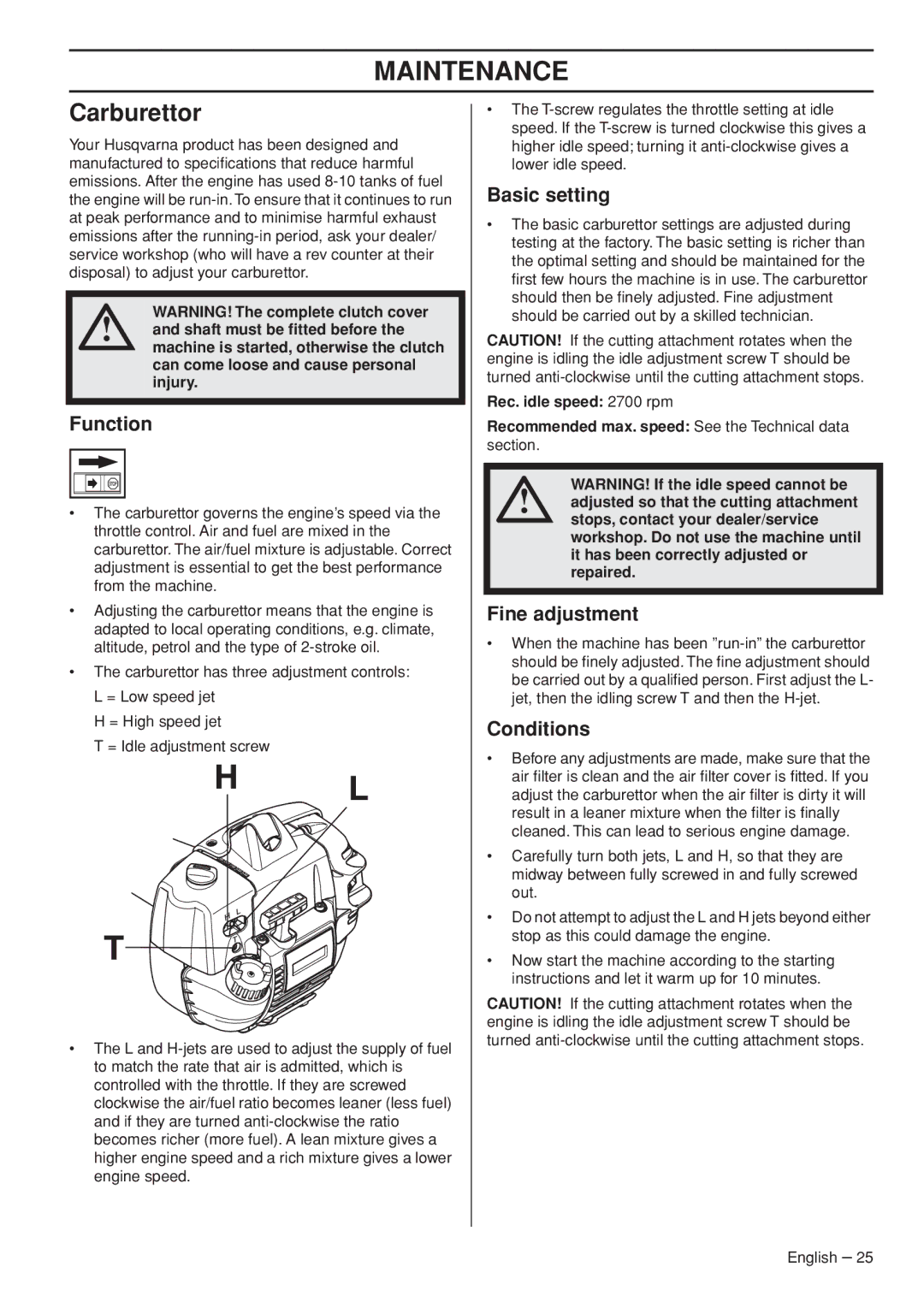 Husqvarna 327P4, 327P5X-series manual Maintenance, Carburettor 