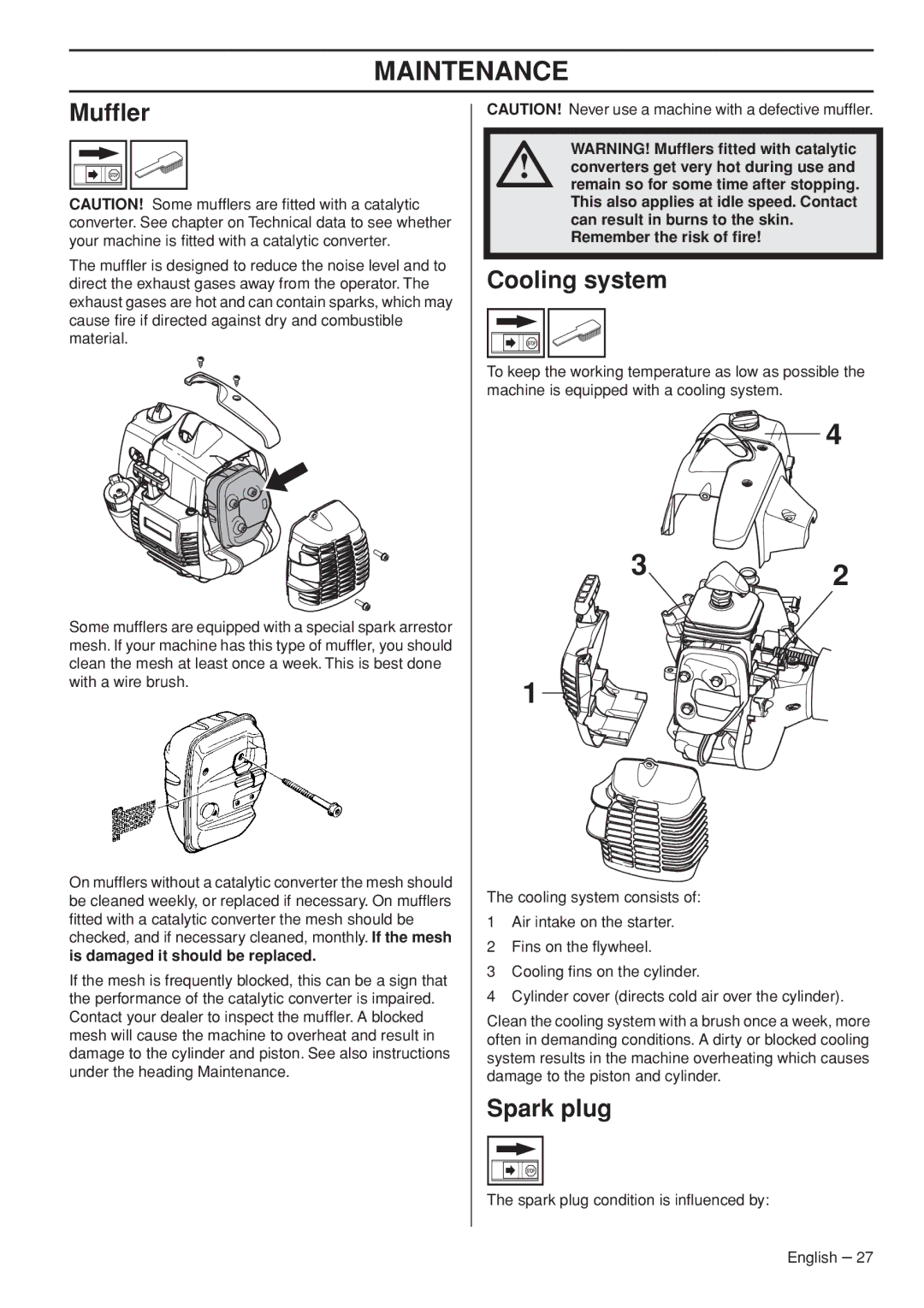 Husqvarna 327P4, 327P5X-series manual Mufﬂer, Cooling system, Spark plug, Is damaged it should be replaced 