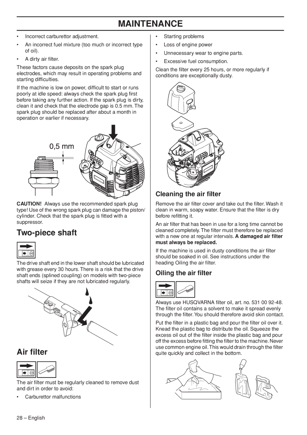 Husqvarna 327P5X-series, 327P4 manual Two-piece shaft, Air ﬁlter, Cleaning the air ﬁlter, Oiling the air ﬁlter 