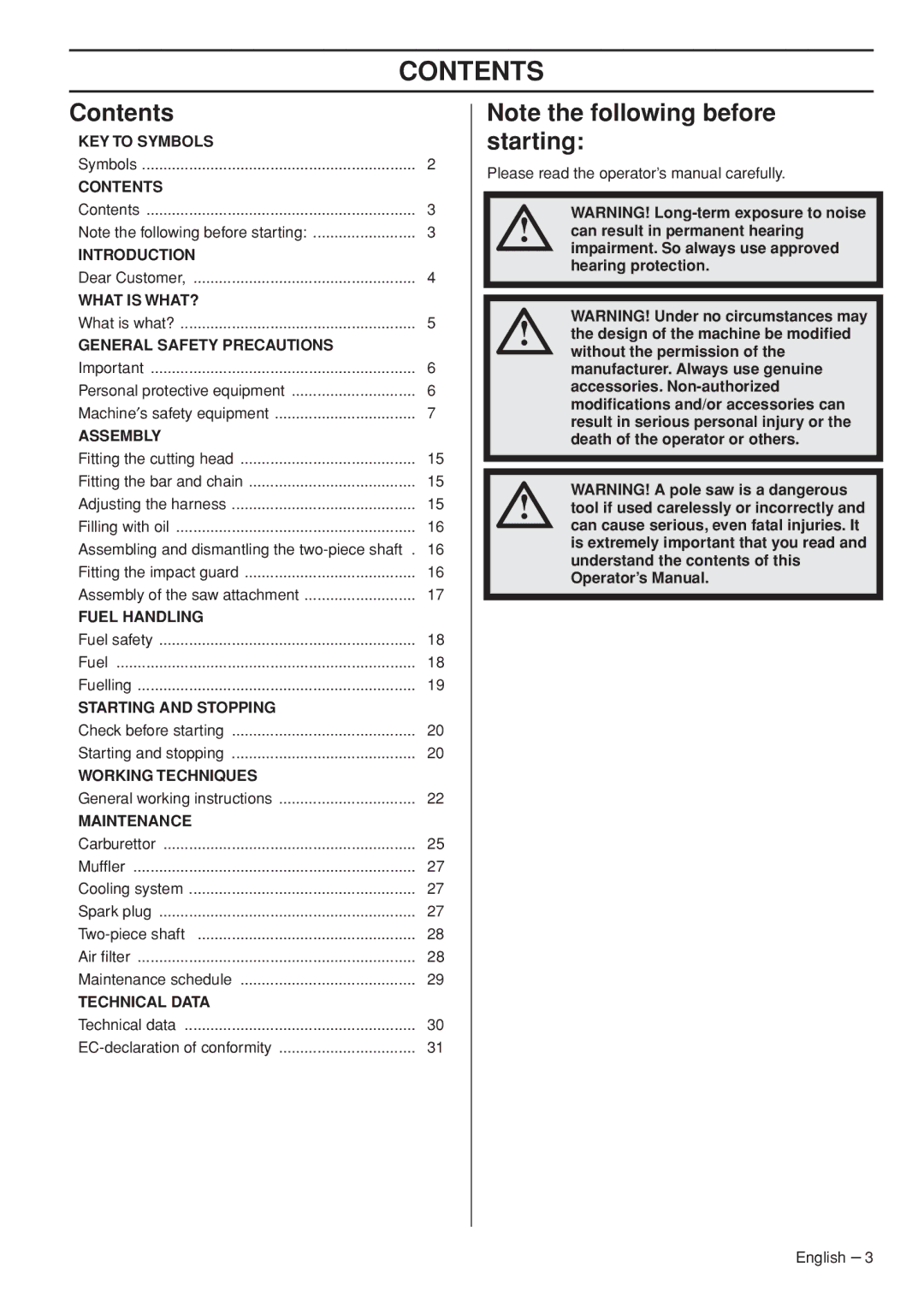 Husqvarna 327P4, 327P5X-series manual Contents 