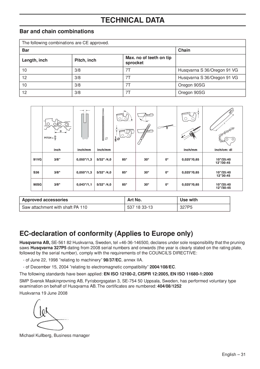 Husqvarna 327P4, 327P5X-series manual EC-declaration of conformity Applies to Europe only, Bar and chain combinations 