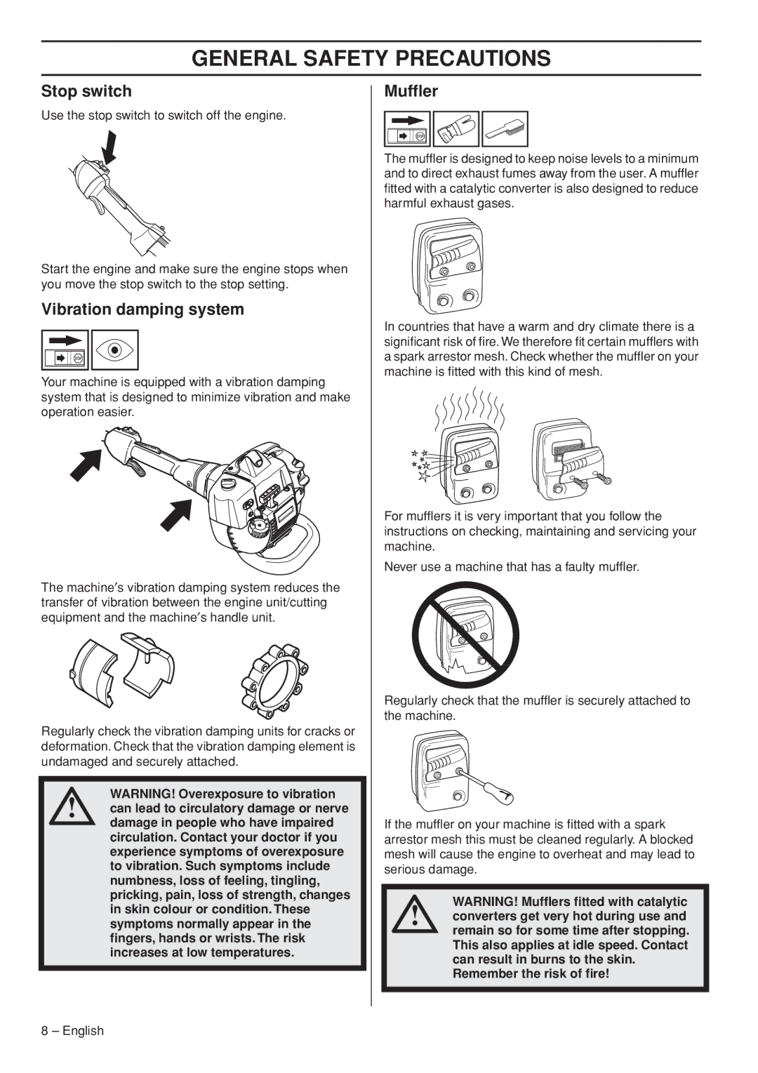 Husqvarna 327P5X-series, 327P4 manual Stop switch, Vibration damping system, Mufﬂer 