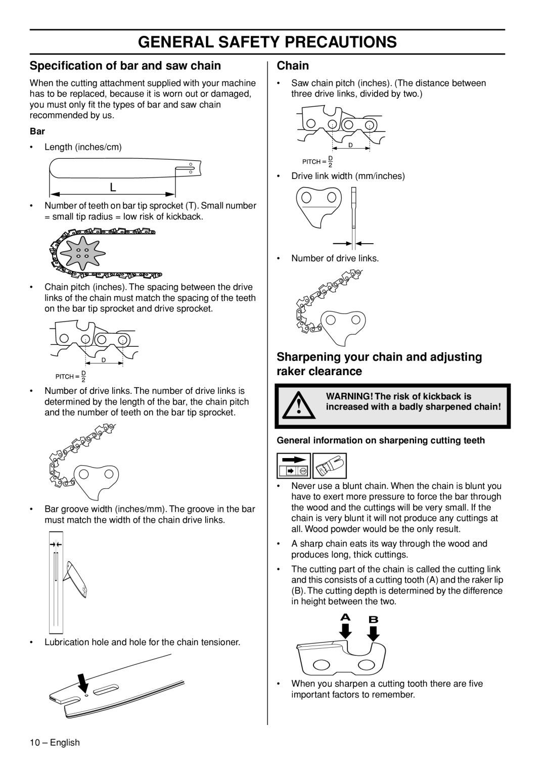 Husqvarna 327P5X manual Speciﬁcation of bar and saw chain, Chain, Sharpening your chain and adjusting raker clearance 