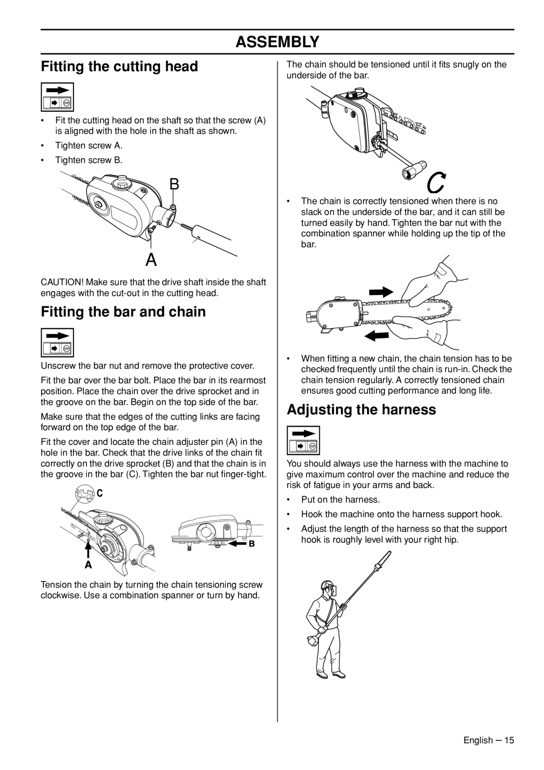 Husqvarna 327P5X manual Assembly, Fitting the cutting head, Fitting the bar and chain, Adjusting the harness 