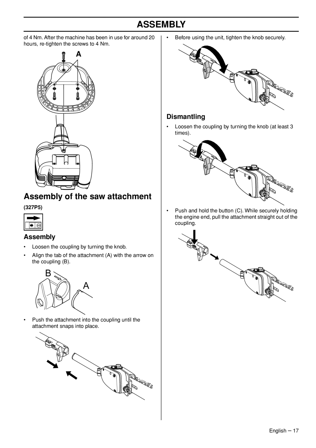 Husqvarna 327P5X manual Assembly of the saw attachment 