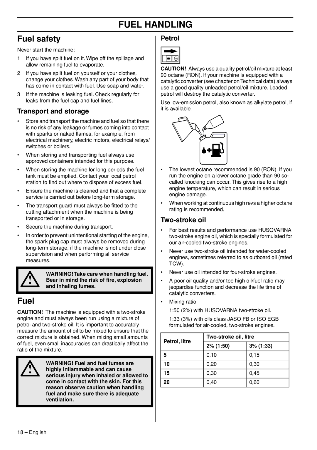 Husqvarna 327P5X manual Fuel Handling, Fuel safety 