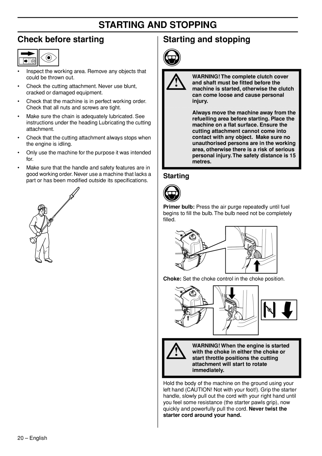 Husqvarna 327P5X manual Starting and Stopping, Check before starting, Starting and stopping, Starter cord around your hand 