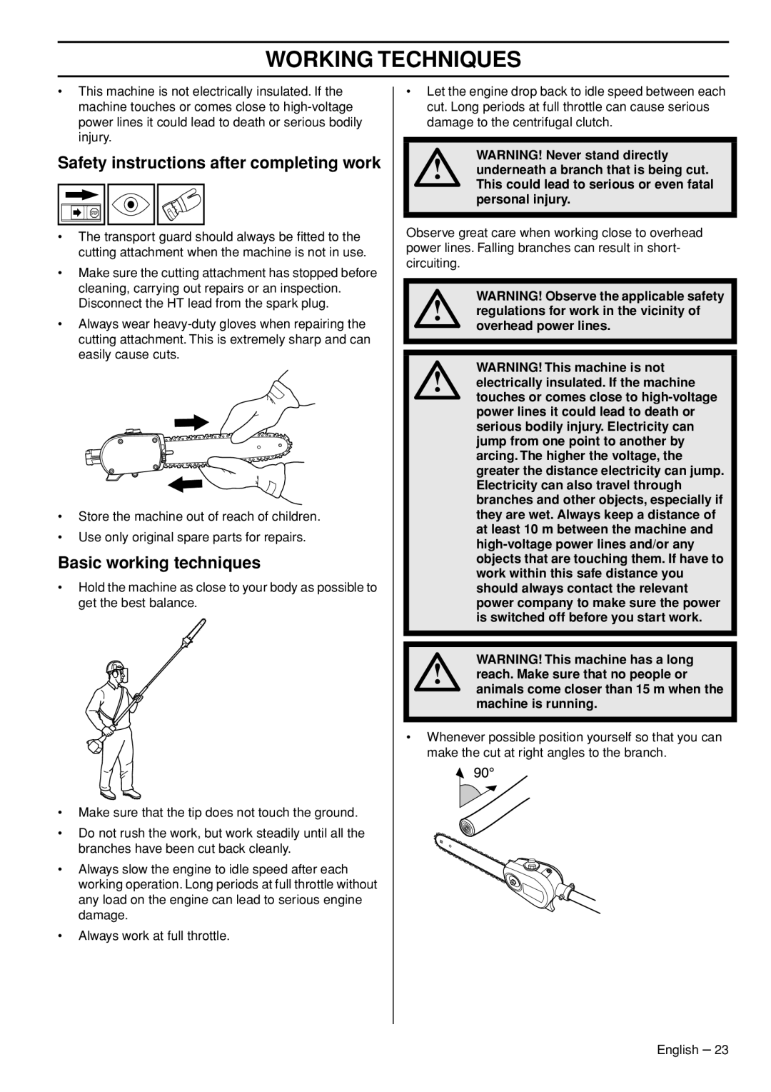 Husqvarna 327P5X manual Safety instructions after completing work, Basic working techniques 