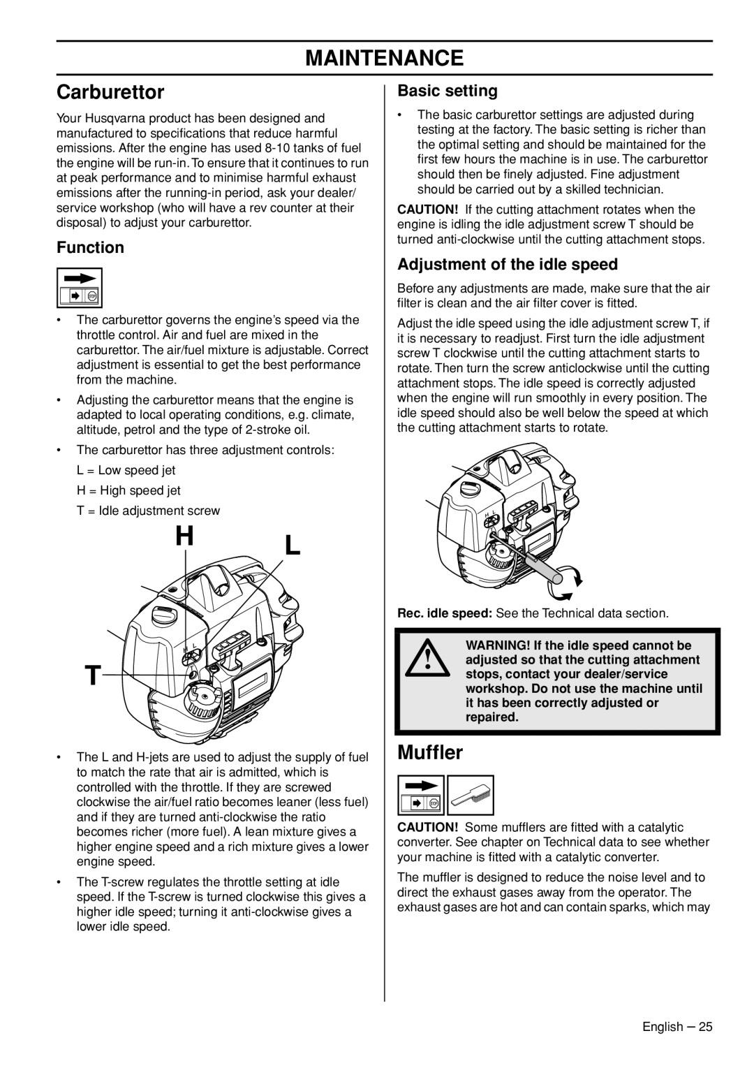 Husqvarna 327P5X manual Maintenance, Carburettor, Mufﬂer 