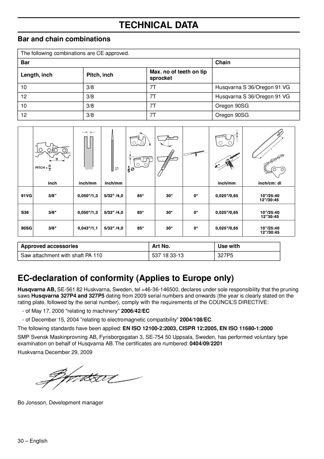 Husqvarna 327P5X manual EC-declaration of conformity Applies to Europe only, Bar and chain combinations 