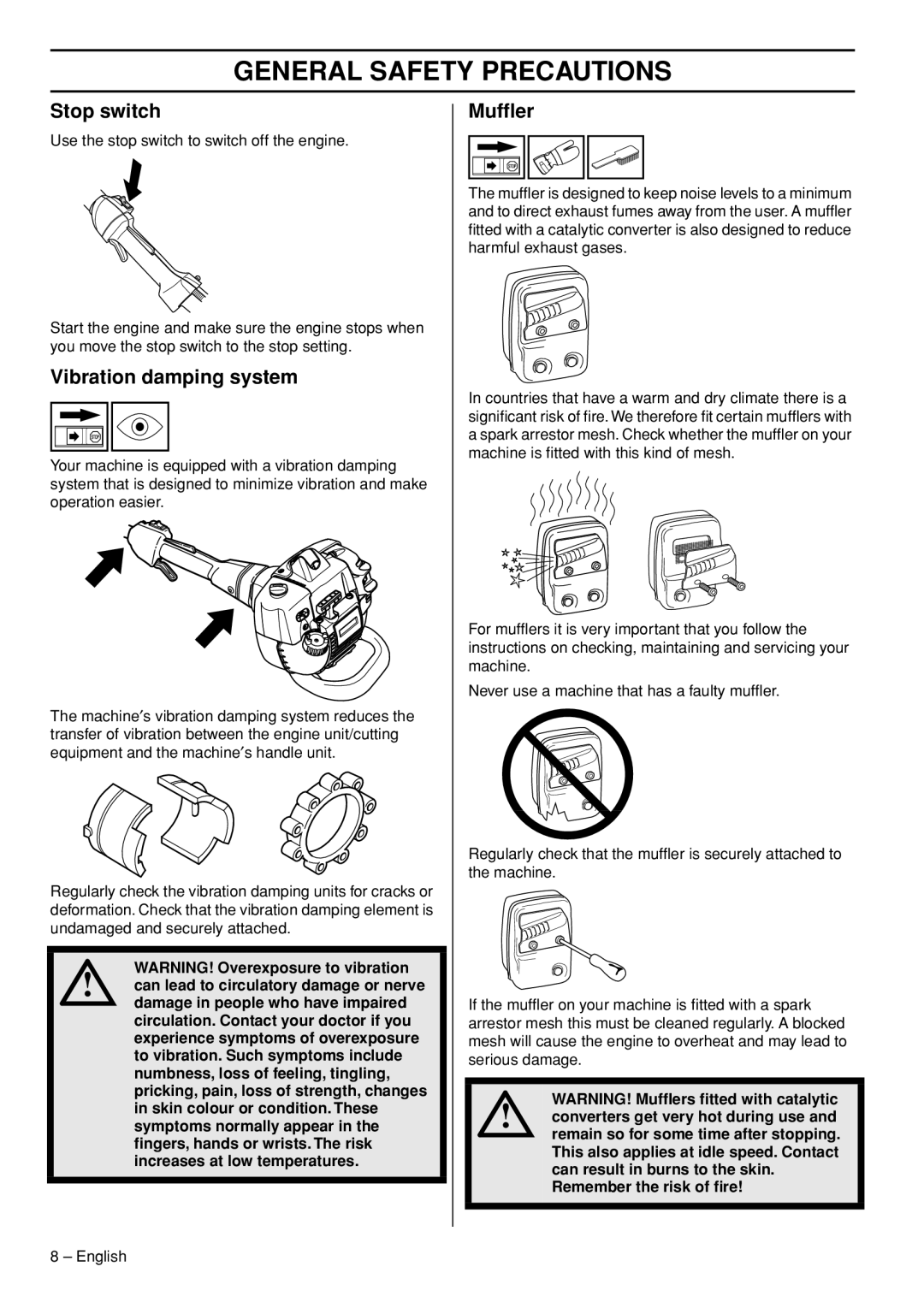 Husqvarna 327P5X manual Stop switch, Vibration damping system, Mufﬂer 