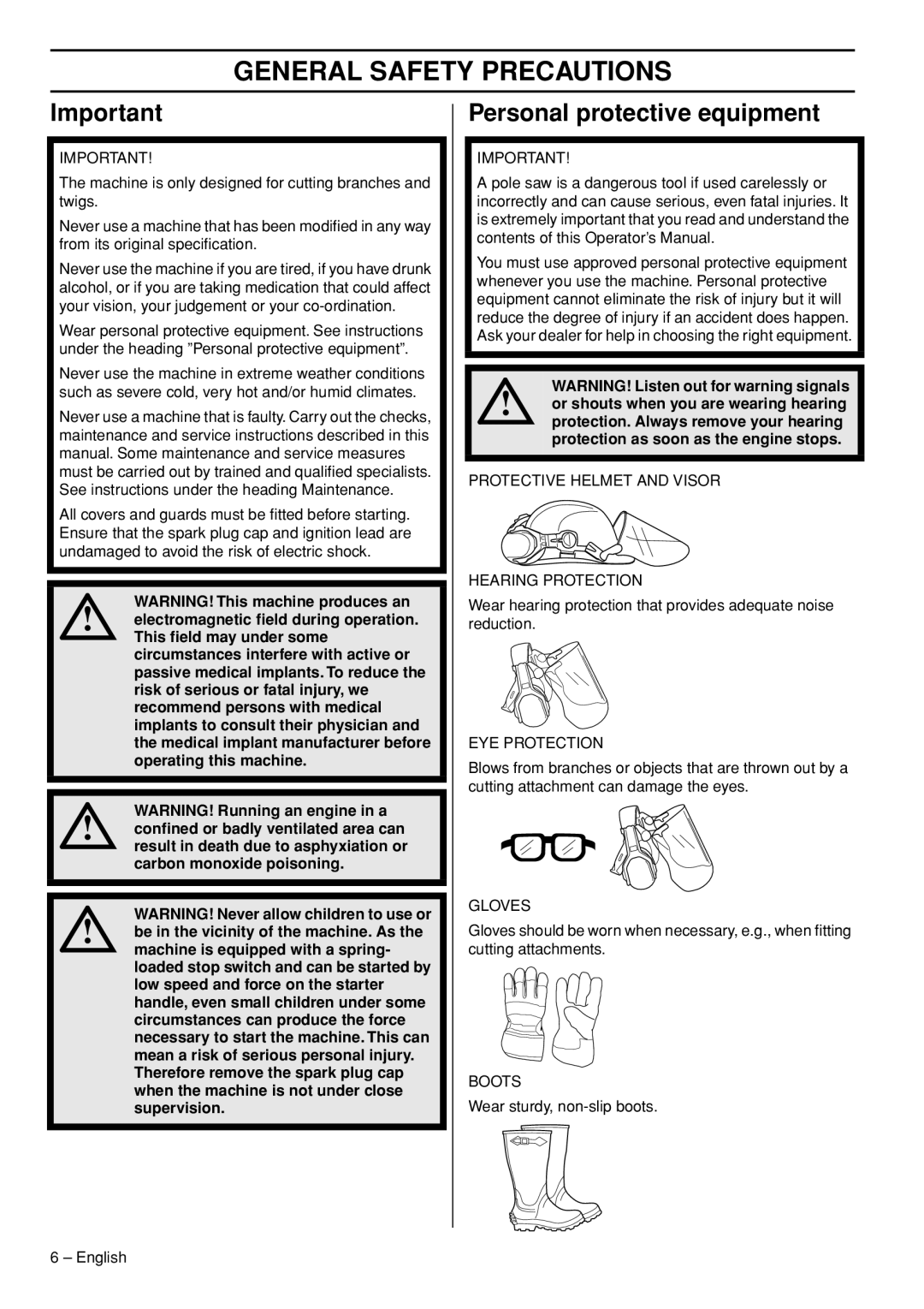 Husqvarna 327P5X manual General Safety Precautions, Personal protective equipment 