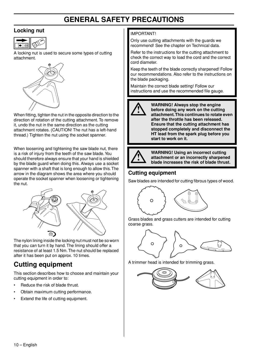 Husqvarna 327RD manual Cutting equipment, Locking nut 