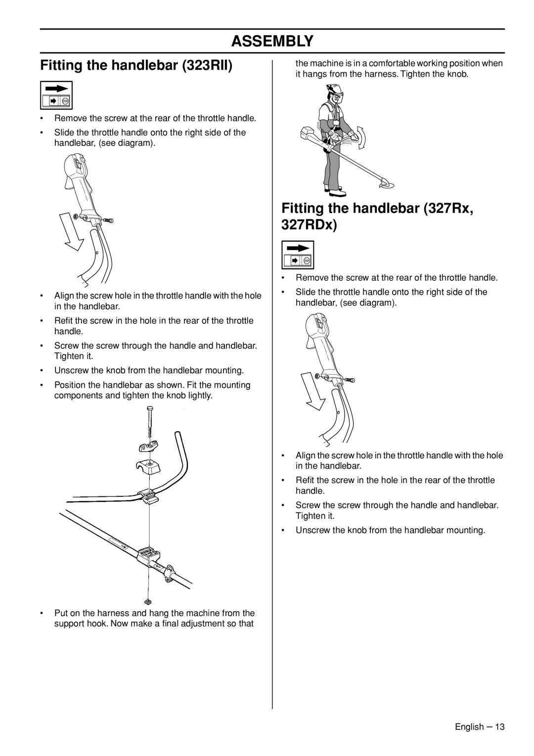 Husqvarna manual Assembly, Fitting the handlebar 323RII, Fitting the handlebar 327Rx, 327RDx 