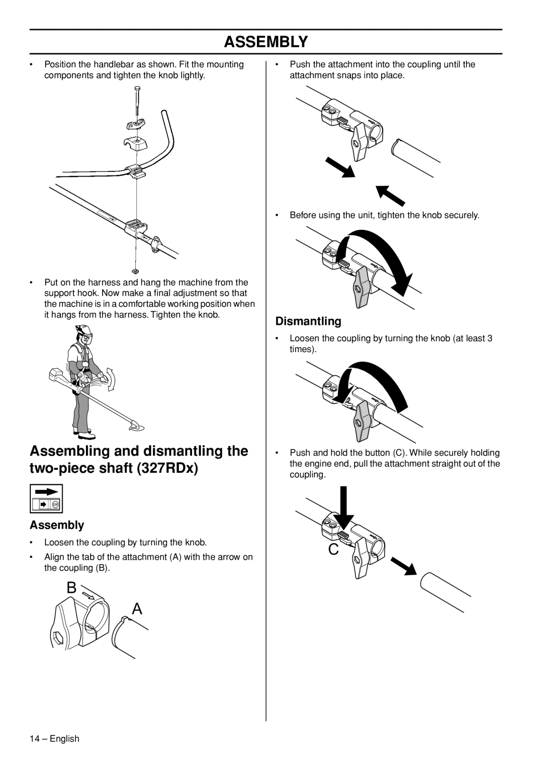 Husqvarna manual Assembling and dismantling the two-piece shaft 327RDx, Assembly, Dismantling 