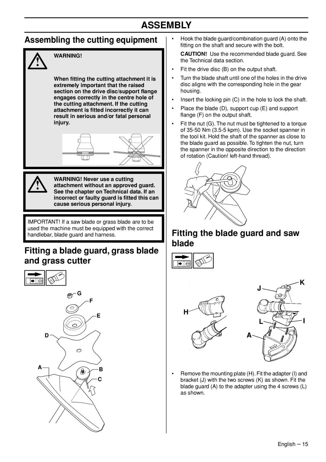 Husqvarna 327RD manual Assembling the cutting equipment, Fit the nut G. The nut must be tightened to a torque 