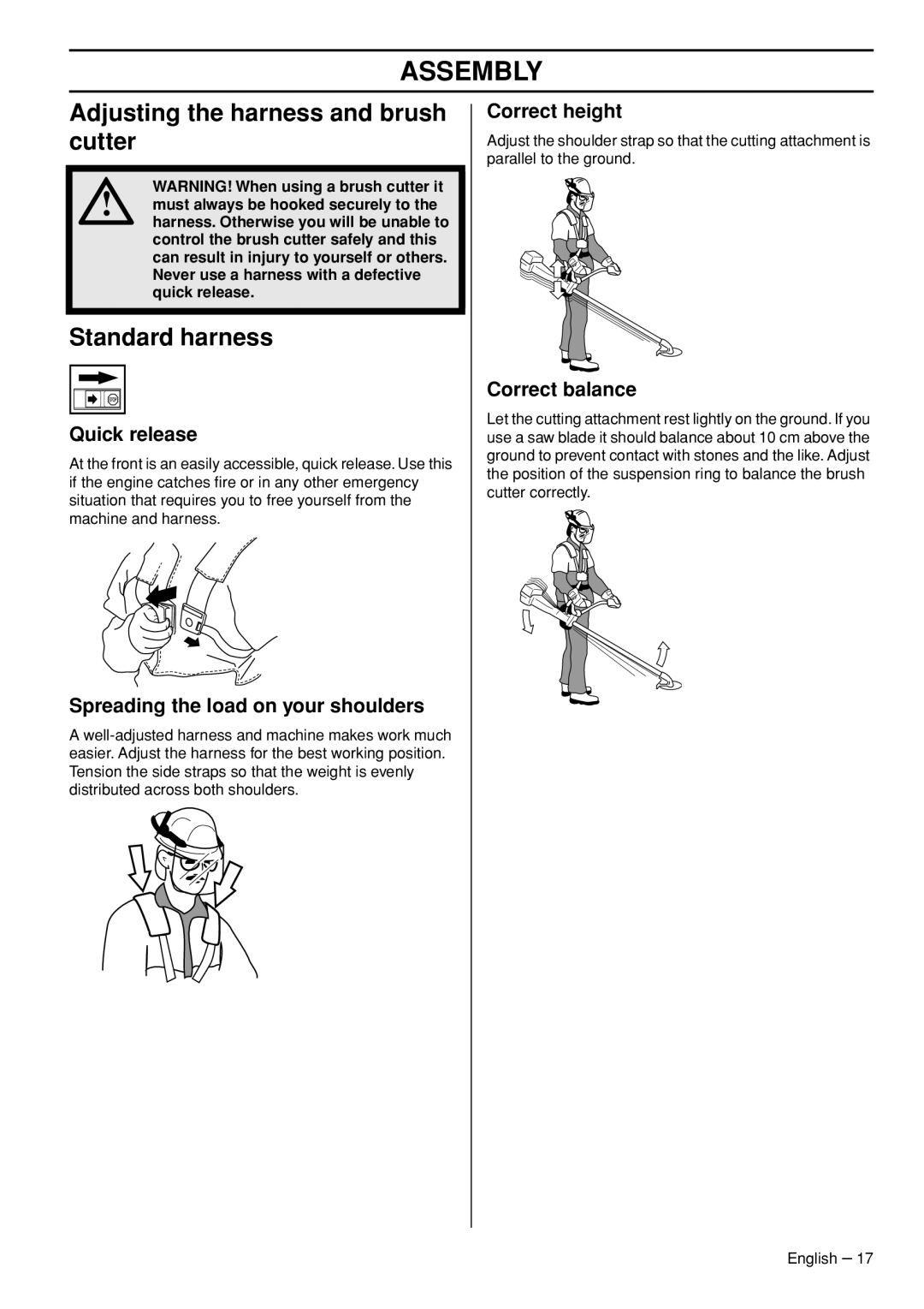 Husqvarna 327RD manual Adjusting the harness and brush cutter, Standard harness, Spreading the load on your shoulders 