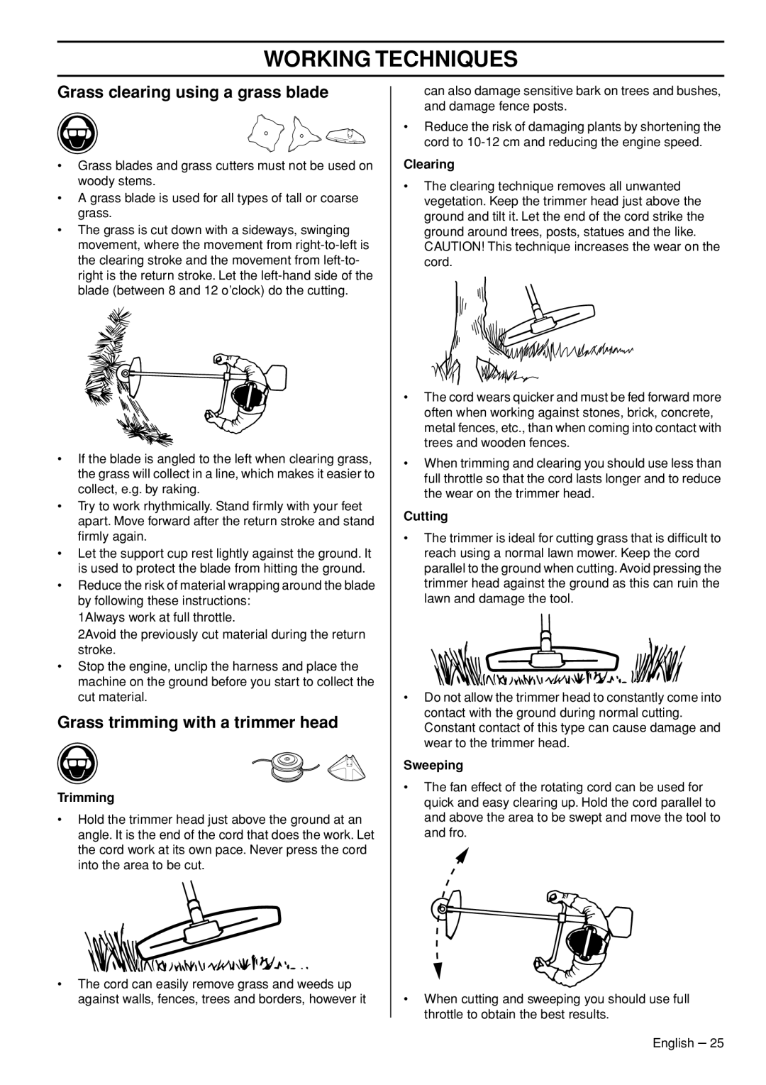 Husqvarna 327RD manual Grass clearing using a grass blade, Grass trimming with a trimmer head 