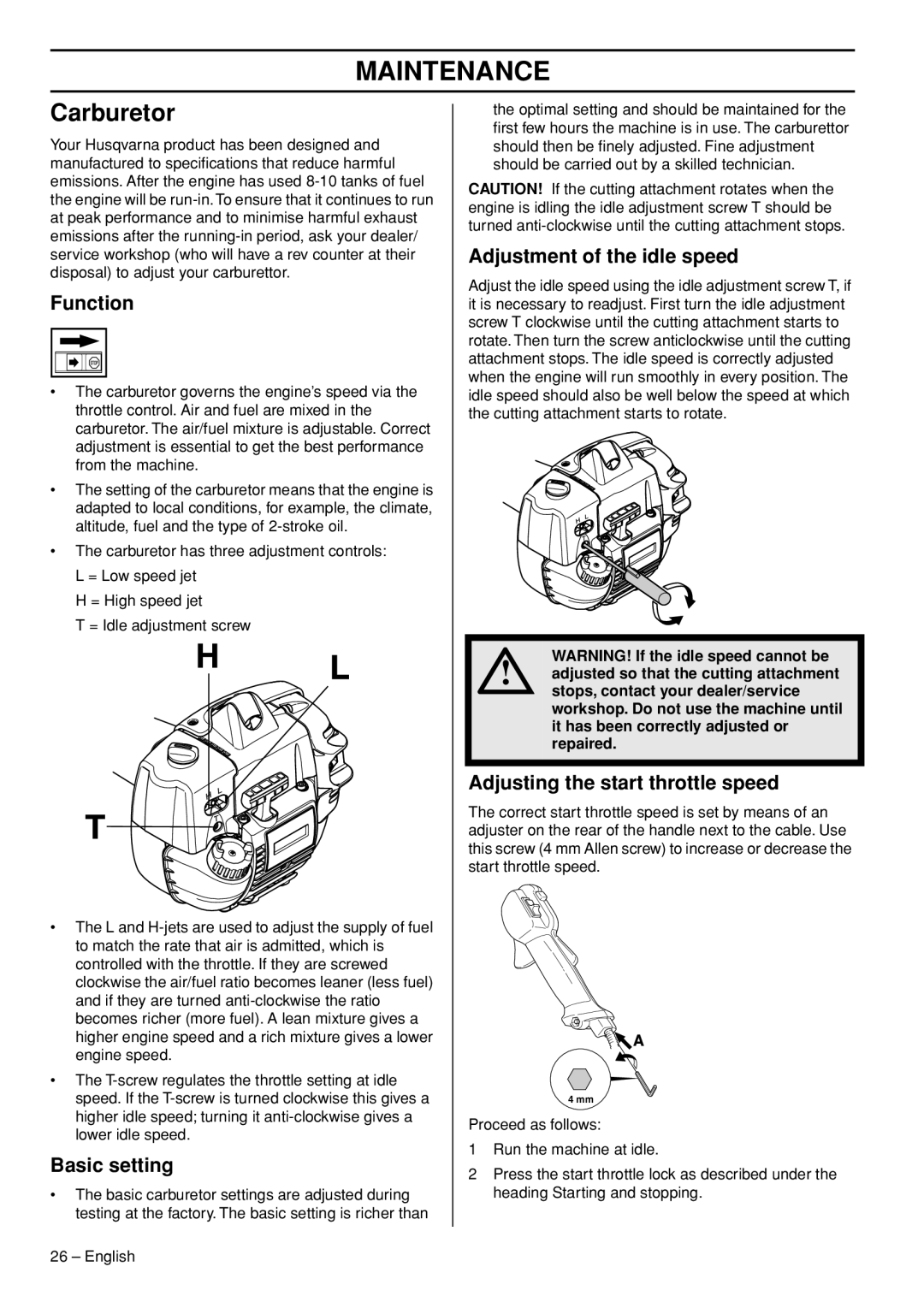 Husqvarna 327RD manual Maintenance, Carburetor 