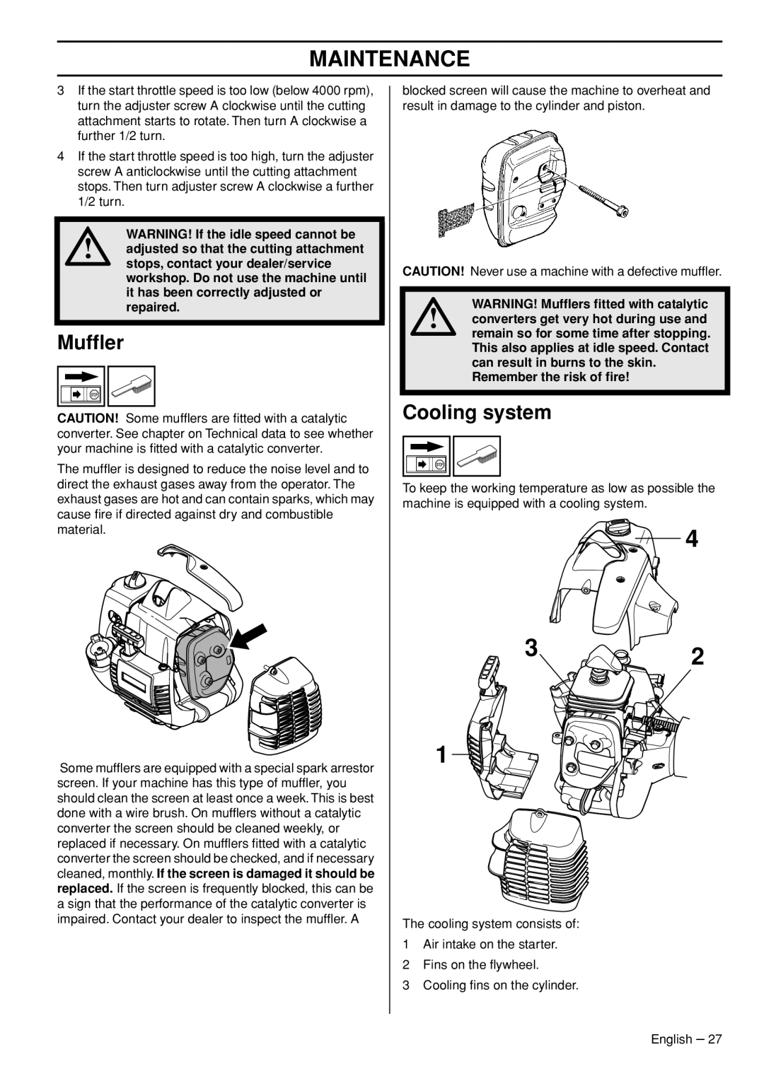 Husqvarna 327RD manual Mufﬂer, Cooling system, Remember the risk of ﬁre 