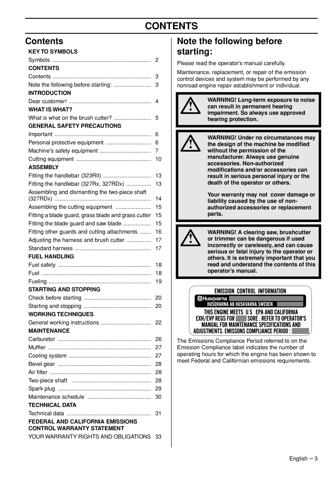 Husqvarna 327RD manual Contents 