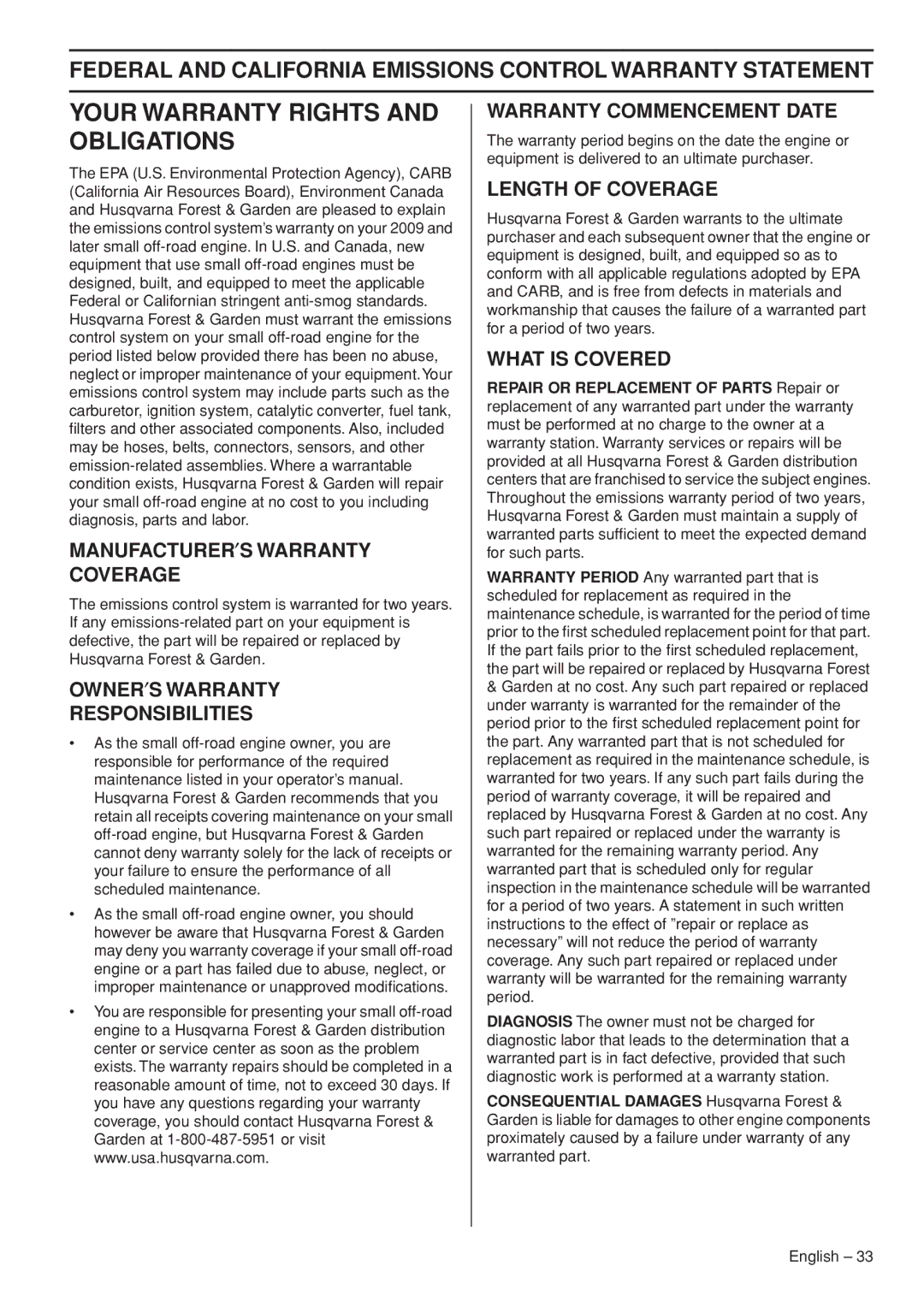 Husqvarna 327RD manual Your Warranty Rights and Obligations 