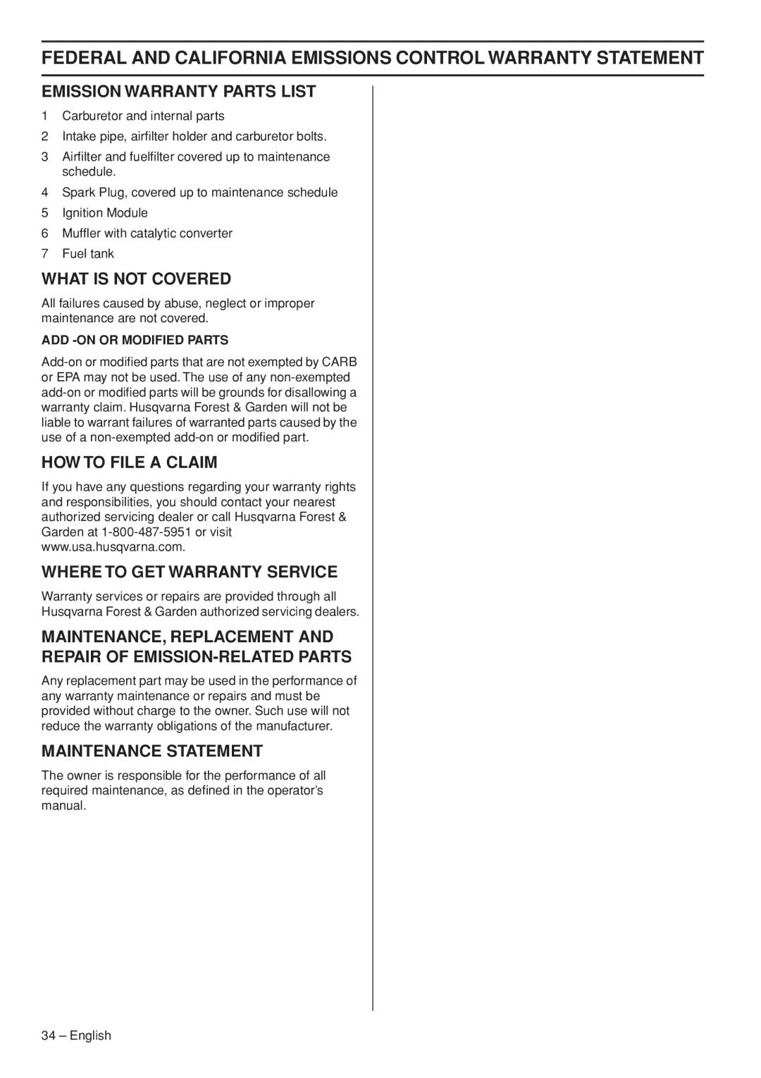 Husqvarna 327RD manual Emission Warranty Parts List 