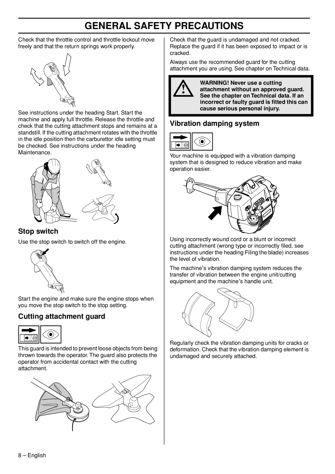 Husqvarna 327RD manual Stop switch, Cutting attachment guard, Vibration damping system 