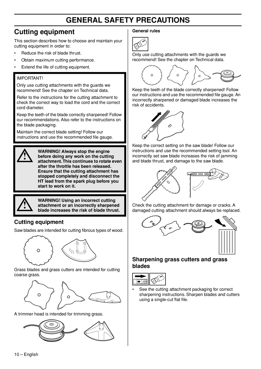 Husqvarna 327RX, 327RDX, 323RII manual Cutting equipment, Sharpening grass cutters and grass blades, General rules 