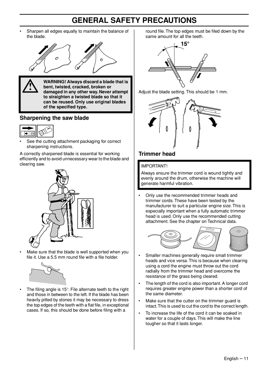 Husqvarna 323RII, 327RDX, 327RX manual Sharpening the saw blade, Trimmer head 