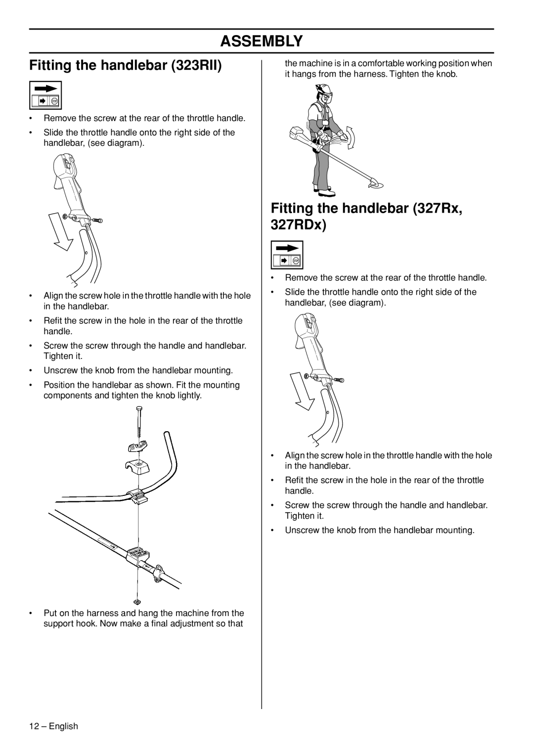 Husqvarna 327RDX, 327RX manual Assembly, Fitting the handlebar 323RII, Fitting the handlebar 327Rx, 327RDx 