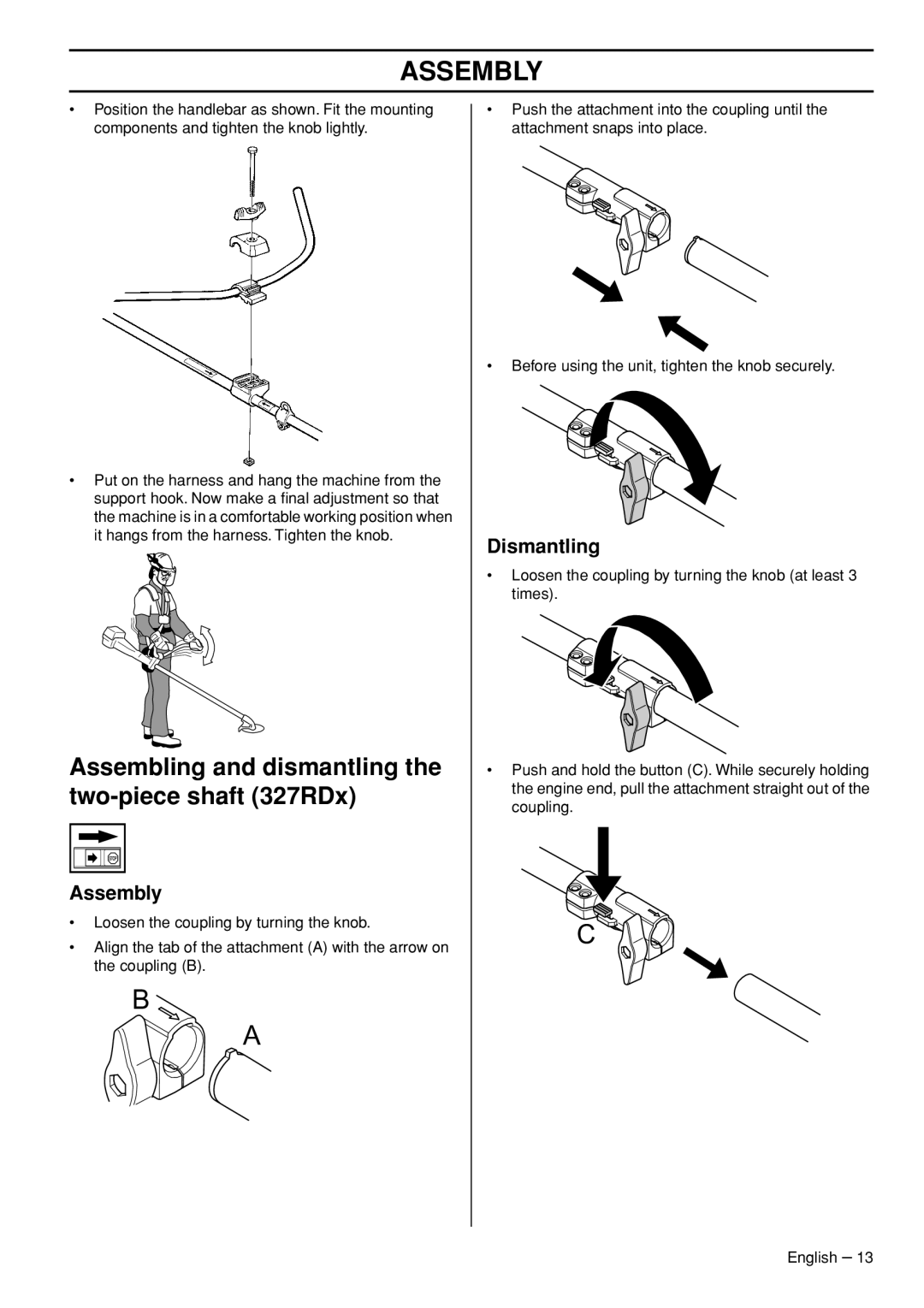 Husqvarna 327RX, 327RDX, 323RII manual Assembling and dismantling the two-piece shaft 327RDx, Assembly, Dismantling 