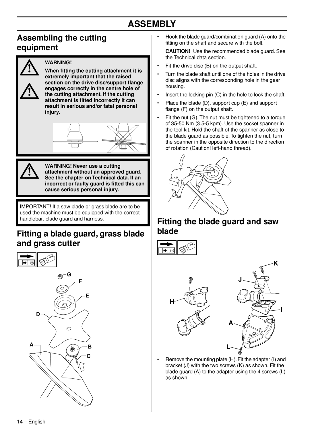 Husqvarna 323RII, 327RDX, 327RX manual Assembling the cutting equipment, Fitting a blade guard, grass blade and grass cutter 