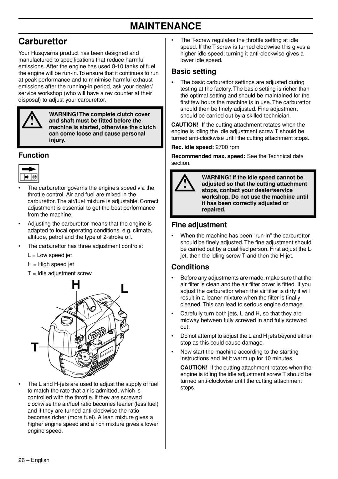 Husqvarna 323RII, 327RDX, 327RX manual Maintenance, Carburettor 