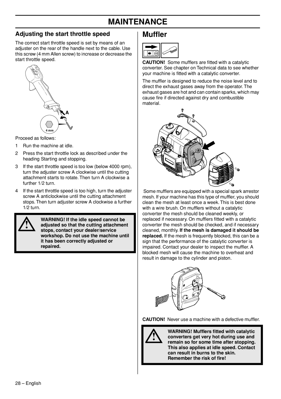 Husqvarna 327RX, 327RDX, 323RII manual Mufﬂer, Adjusting the start throttle speed 