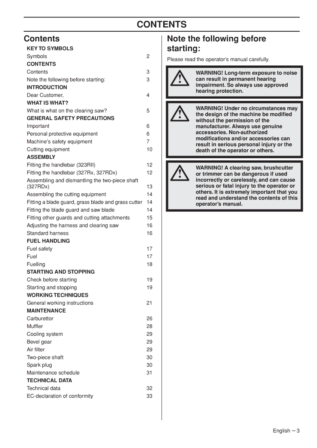 Husqvarna 327RDX, 327RX, 323RII manual Contents 
