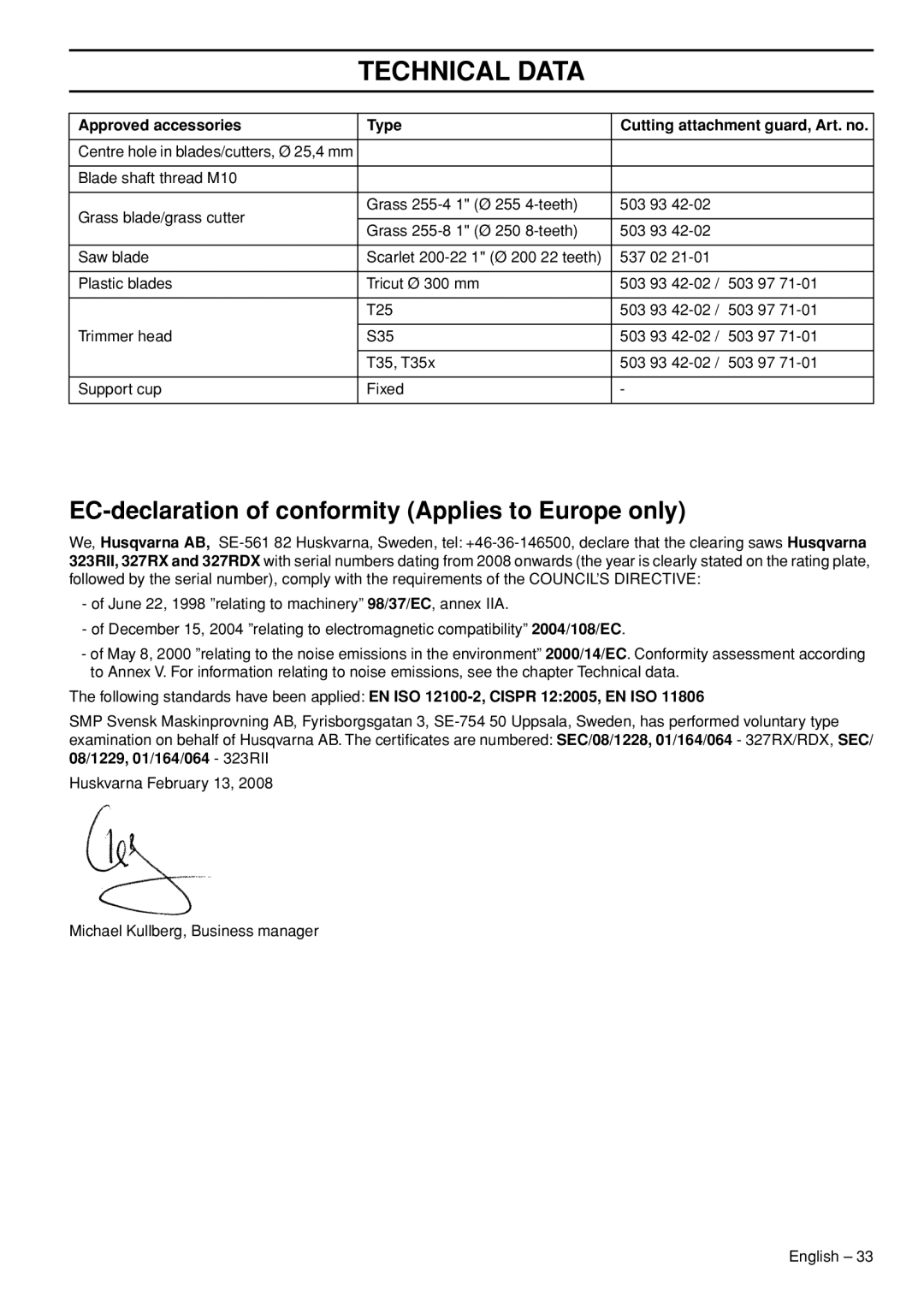 Husqvarna 327RDX, 327RX, 323RII manual EC-declaration of conformity Applies to Europe only, Approved accessories Type 