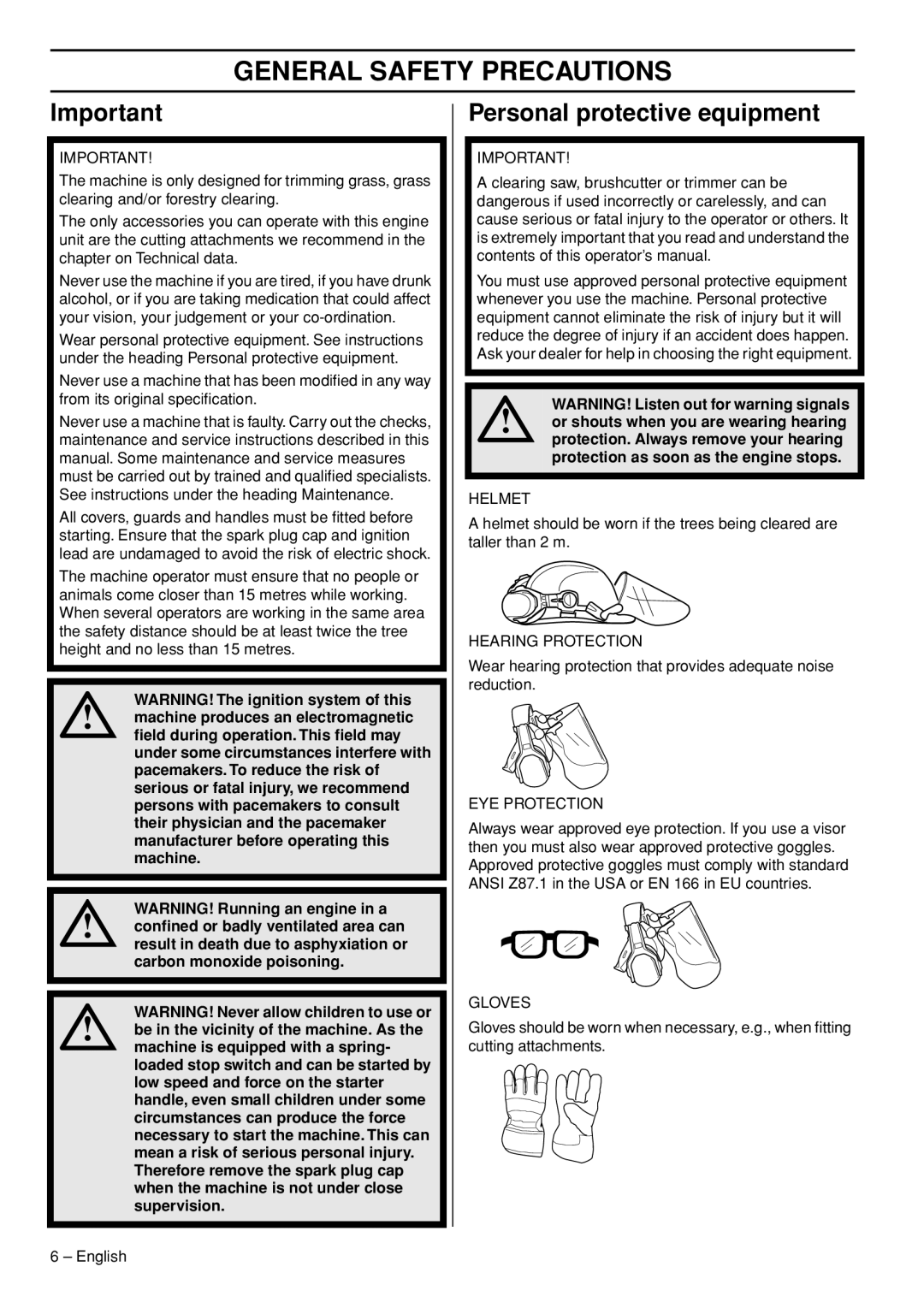 Husqvarna 327RDX, 327RX, 323RII manual General Safety Precautions, Personal protective equipment 