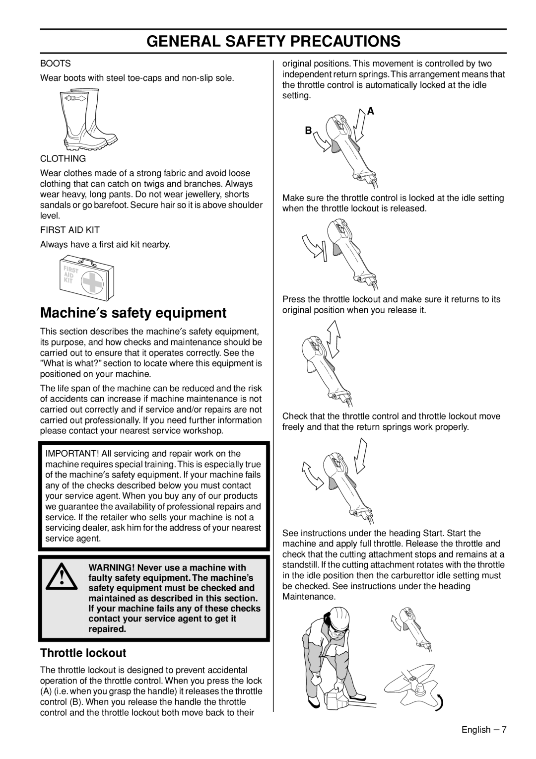 Husqvarna 327RX, 327RDX, 323RII manual Machine′s safety equipment, Throttle lockout 