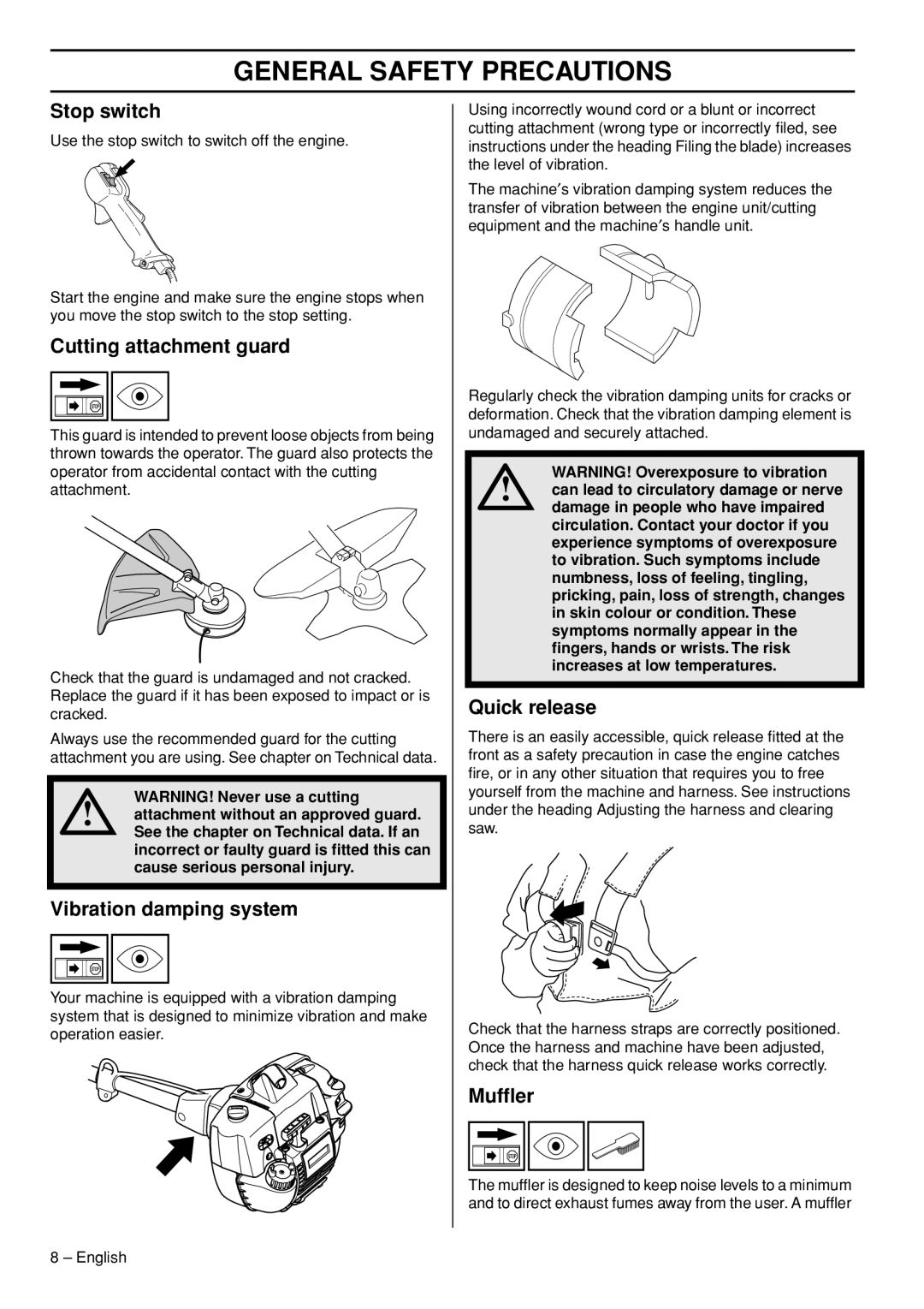 Husqvarna 323RII, 327RDX, 327RX manual Stop switch, Cutting attachment guard, Vibration damping system, Quick release, Mufﬂer 