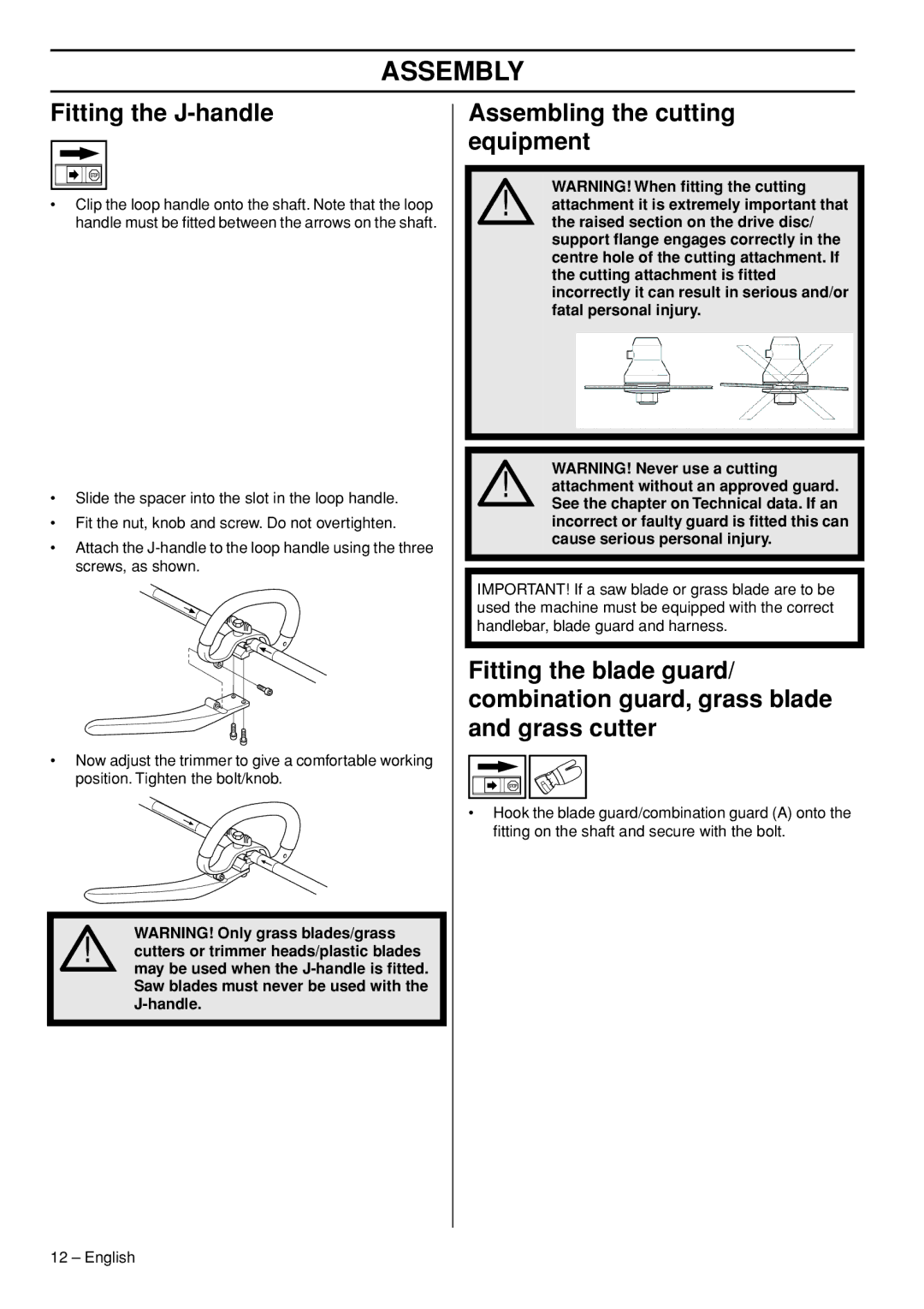 Husqvarna 327RJX-series manual Assembly, Fitting the J-handle, Assembling the cutting equipment 