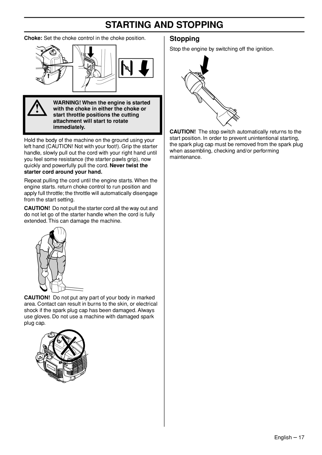 Husqvarna 327RJX-series manual Stopping, Starter cord around your hand 