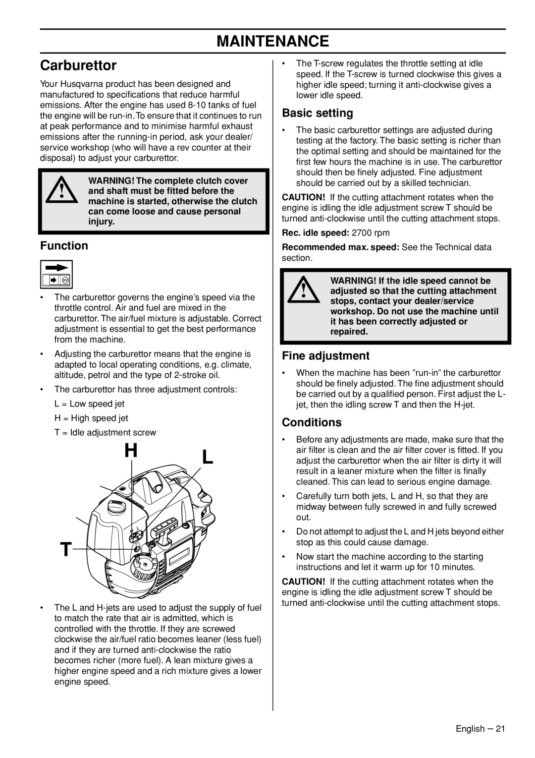 Husqvarna 327RJX-series manual Maintenance, Carburettor 